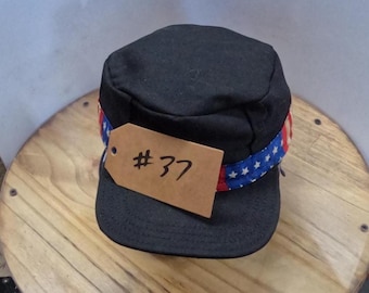 Hand made flat top hat one of a kind black stars and stripes band pattern #37