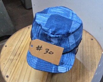 Hand made flat top hat one of a kind denim patch pattern #30