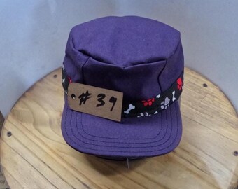 Hand made flat top hat one of a kind purple puppy paw band pattern #39