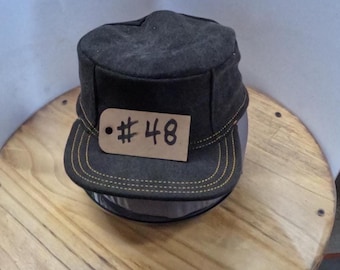 Hand made flat top hat one of a kind black denim pattern #48