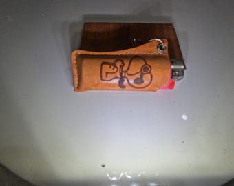 Snoopy Leather Bic lighter case with clip on hasp W/Lighter