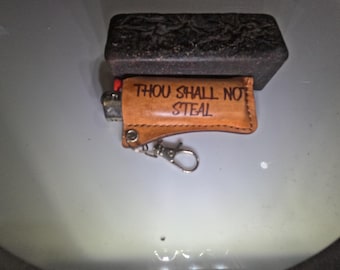 Thou Shall Not Steal Leather Bic lighter case with clip on hasp W/Lighter