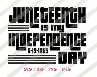 May include: Black and white graphic text design that reads "Juneteenth is my Independence Day 6-19-1865".