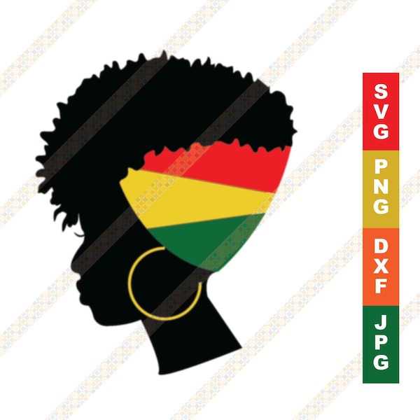 Femme Jamaïcaine Afro Puff Silhouette Avec Foulard, Cheveux Naturels, Afro SVG PNG Cricut ou Silhouette Cut File