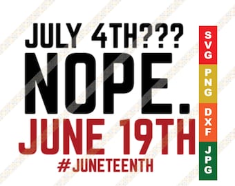 May include: Black and white graphic design with the text "JULY 4TH??? NOPE. JUNE 19TH #JUNETEENTH". The design is layered for color changes and includes the file formats SVG, PNG, DXF, and JPG.