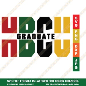 May include: A digital design featuring the letters "HBCU" in black, green, red, and yellow, with the word "GRADUATE" in black text below. The design is layered for color changes and available in SVG, PNG, DXF, and JPG formats.