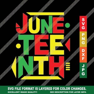 May include: A digital graphic design featuring the text "Juneteenth" in red, yellow, green, and black. The text is layered for colour changes. The graphic is available in SVG, PNG, DXF, and JPG file formats.