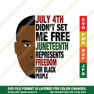 Puede incluir: Ilustración en blanco y negro de la cara de una persona con el texto "JULY 4TH DIDN'T SET ME FREE JUNETEENTH REPRESENTS FREEDOM FOR BLACK PEOPLE" en texto negro, rojo, verde y blanco.
