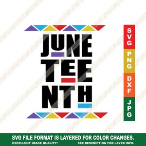 Puede incluir: Diseño gráfico con el texto "JUNE TEE NTH" en negro, con formas geométricas coloridas. El diseño incluye opciones de formato de archivo: SVG, PNG, DXF y JPG. También está presente el texto "SVG FILE FORMAT IS LAYERED FOR COLOR CHANGES".