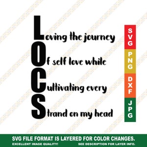 Könnte beinhalten: Schwarz-weiße Grafik mit dem Wort "LOCS" in großen Buchstaben. Der Text lautet: "Loving the journey of self love while cultivating every strand on my head." Ein vertikaler Balken rechts listet Dateiformate auf: SVG, PNG, DXF und JPG.