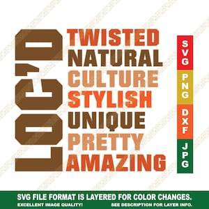 Könnte beinhalten: Eine digitale Design-Datei für eine Grafik, die "LOC'D" in braunen Buchstaben mit den Wörtern "TWISTED", "NATURAL", "CULTURE", "STYLISH", "UNIQUE", "PRETTY" und "AMAZING" vertikal übereinander in orange, braun und rot geschrieben ist. Das Design ist in den Dateiformaten SVG, PNG, DXF und JPG verfügbar.