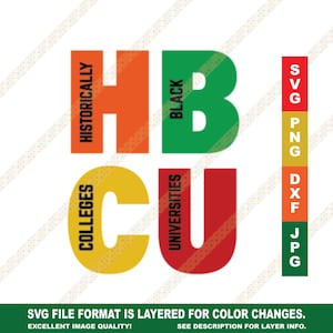 May include: A graphic design of the acronym HBCU, which stands for Historically Black Colleges and Universities. The letters are in a block style font and are colored red, orange, yellow, and green. The text "Historically Black Colleges and Universities" is written vertically along the sides of the letters.