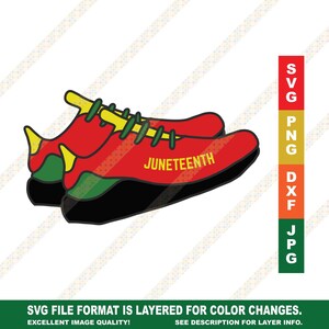 May include: Red, yellow and green sneakers with the word "JUNETEENTH" on the side.
