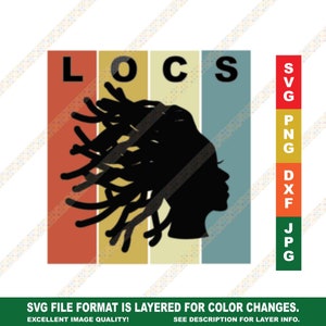 May include: A retro-style design featuring a silhouette of a person with locs, with the word "LOCS" in bold letters. The design is layered in a vintage color palette of red, orange, yellow, and blue.