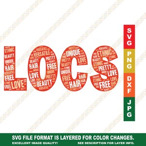 Könnte beinhalten: Eine digitale Design-Datei für eine Wortkunstgrafik, die "LOCS" in einem rot-orangenen Farbschema sagt. Das Wort besteht aus kleineren Wörtern, die mit Locs zusammenhängen, wie "love", "hair", "beauty", "unique", "free" und "ethnic". Das Design ist in den Formaten SVG, PNG, DXF und JPG verfügbar.