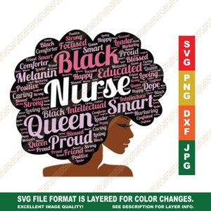 Black Nurse With Words in Afro SVG PNG Black or African American Nursing RN Cut File for Cricut or Silhouette