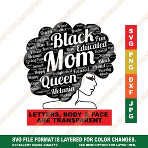 Zwarte Afro-Amerikaanse Moeder Moederdag Woorden in Grote Afro Transparante Letters & Gezicht SVG DXF Cricut of Silhouet Cut File