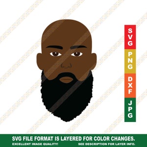 May include: Digital illustration of a bald man with a black beard. The man has brown skin and is looking straight ahead. The image is available in SVG, PNG, DXF, and JPG formats.