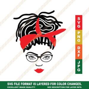 Loc meisje met bril & bandana tekening silhouet SVG PNG JPG Cricut of silhouet snijden bestand