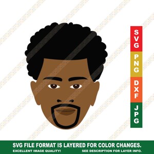 May include: A digital illustration of a man's face with a goatee. The man has brown skin, black hair, and brown eyes. The background is white.