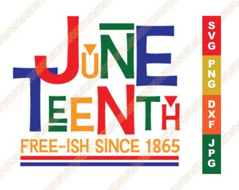 May include: A colorful graphic design with the text "Juneteenth" and "Free-ish Since 1865". The design is layered for color changes and available in SVG, PNG, DXF, and JPG formats.