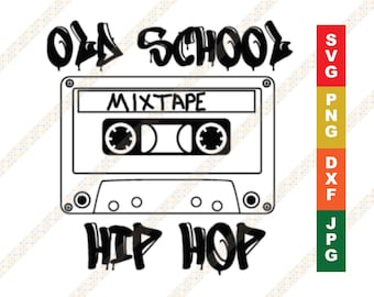 May include: Black and white graphic design of a cassette tape with the words "Old School" and "Mixtape" above it and "Hip Hop" below it. The words are in a graffiti style font.