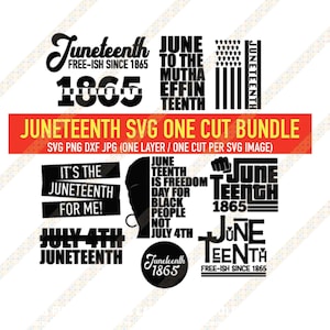以下が含まれることがあります： Juneteenthのための8つの白黒のSVGカットファイルのセット。デザインには、「Juneteenth」、「Free-ish Since 1865」、「It's the Juneteenth for me!」、「July 4th Juneteenth」などのテキストが含まれています。