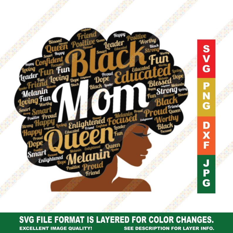 Download Black Mom Mother's Day Words in Big Afro SVG DXF Cricut or ...