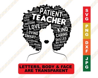 African American Teacher Words in Afro Transparent SVG PNG DXF Cricut or Silhouette Cut Vector Digital File