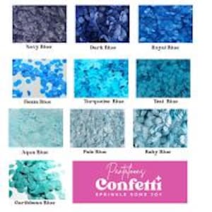 May include: A colour chart displaying ten varieties of blue confetti, labelled Navy Blue, Dark Blue, Royal Blue, Ocean Blue, Turquoise Blue, Teal Blue, Aqua Blue, Pale Blue, Baby Blue, and Caribbean Blue, with a pink logo reading Partytown Confetti.