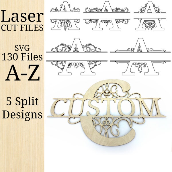 Split Letter Monograms Swirls - ALPHABET - 130 Letters - Digital Laser Cut file - Glowforge - SVG files