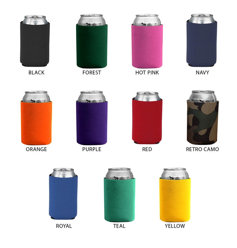 Puede incluir: Surtido de 12 colores de enfriadores de latas de neopreno. Los colores incluyen negro, verde bosque, rosa intenso, azul marino, naranja, morado, rojo, camuflaje retro, azul real, azul aguamarina y amarillo.
