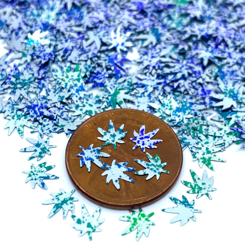 Green and Blue Colored Hemp Cannabis Pot Leaf Forest Green Shape Glitter Sequins Rave Party Marijuana Weed Glitter image 2