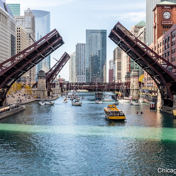 Chicago Skyline | Affordable Wall Art | Chicago River | Water Taxi | Chicago Bridge | Chicago Photo | Chicago Photography | Chicago | Gift
