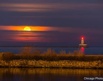 Chicago Supermoon | Supermoon | Lake Michigan | Chicago Photo | Chicago Photography | Lighthouse | Color Photography | Sailing | Fine art