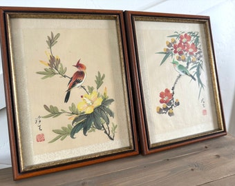 Vintage Chinese aquarellen op zijde ingelijste ondertekende set van twee