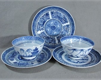 5 Qing Porcelain Items, Blue and White, 3 Plates, 2 Cups, Nanking and Canton