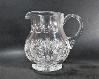 Antique Cut Glass Pitcher, Blown Handle, Thumbprint and Pinwheel Cut Designs, Star Bottom, ca 1865