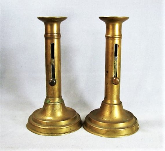 7 3/4 Pair Brass Push up Candlesticks Ca 1880 Perfectly Matched Pair -   Canada