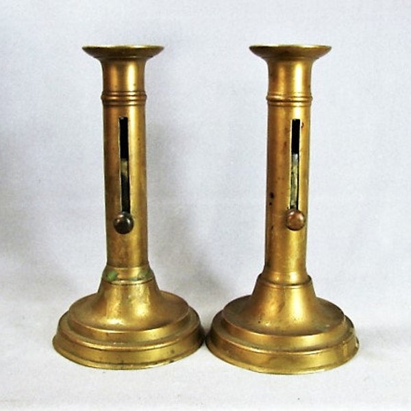 7 3/4" Pair Brass Push Up Candlesticks - ca 1880 - Perfectly Matched Pair