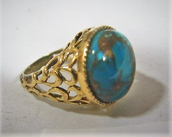 Turquoise Cabochon in Sterling Vermeil Reticulated Ring,  Size 7