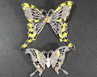 Pair Sterling and Enamel Butterflies, Vintage Brooches, Large Size and Good Details, 1990s