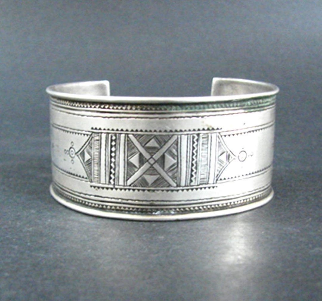 Silver Tuareg Cuff Bracelet, Wide With Fine Incised Designs, Mid