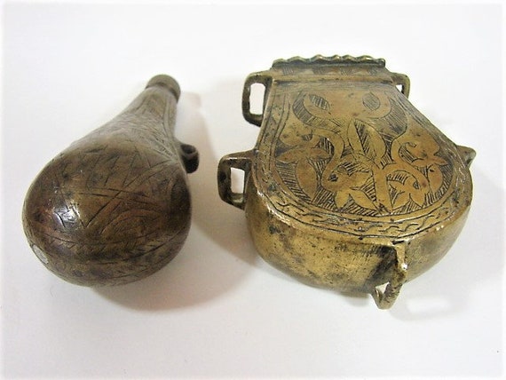 Antique Ottoman Brass Gun Powder, Vintage Gunpowder Case Having