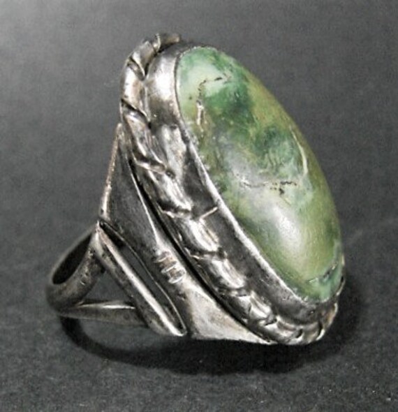 Huge Sterling Green Stone Ring, 9 1/2", Antique o… - image 5