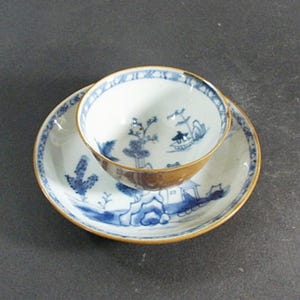 Nanking Cargo Cup and Saucer, Christies Nanking Cargo Sale Amsterdam 1986, Batavia Brown with Blue and White Landscapes, ca 1750