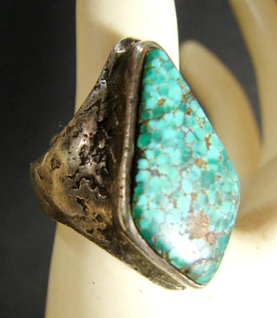 Large Dramatic Sterling and Turquoise Ring, Diamo… - image 9