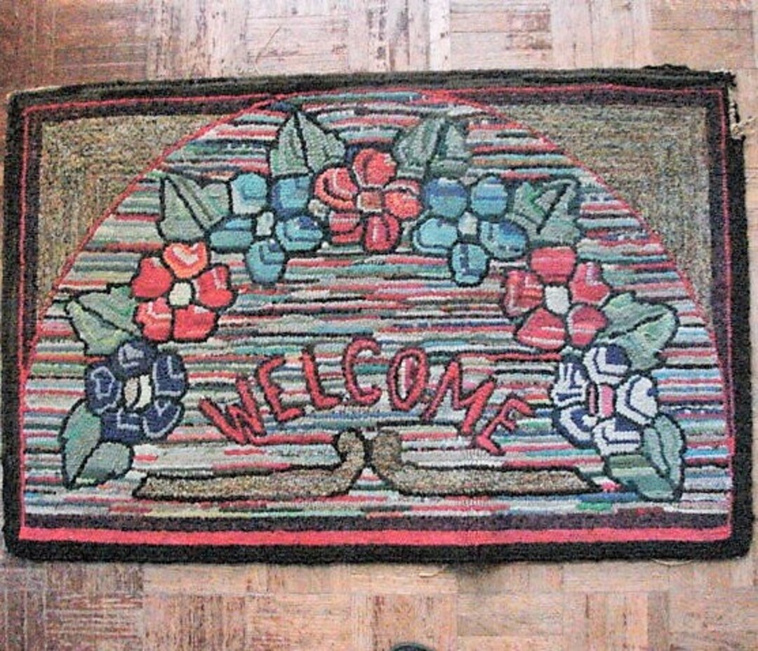 Welcome Rug Patterns Charming Floral Hooked Rug, Welcome Mat, Vintage or Antique, Good Color ...