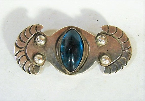 Early Taxco 980 Silver Brooch, Blue Stone, Safety… - image 1