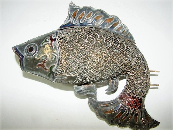 Chinese Filigree Fish With Enamel 5 3/4